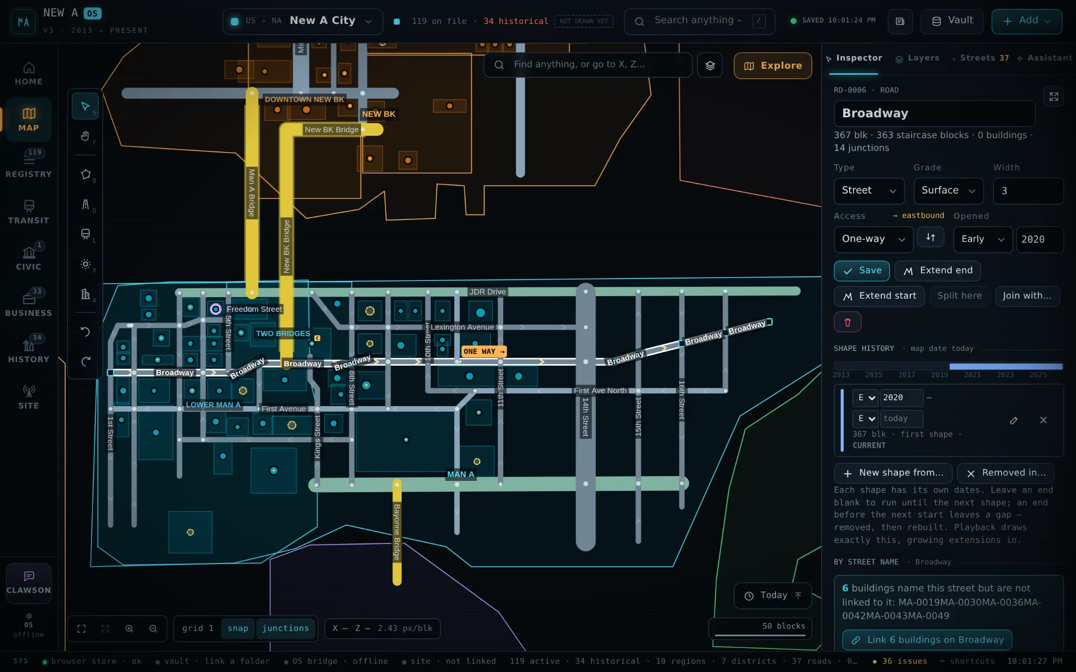 New A OS in edit mode: Broadway selected as a one-way street with faint direction chevrons, the Man A and New BK bridges landing on the street grid, and the road inspector with its shape history.
