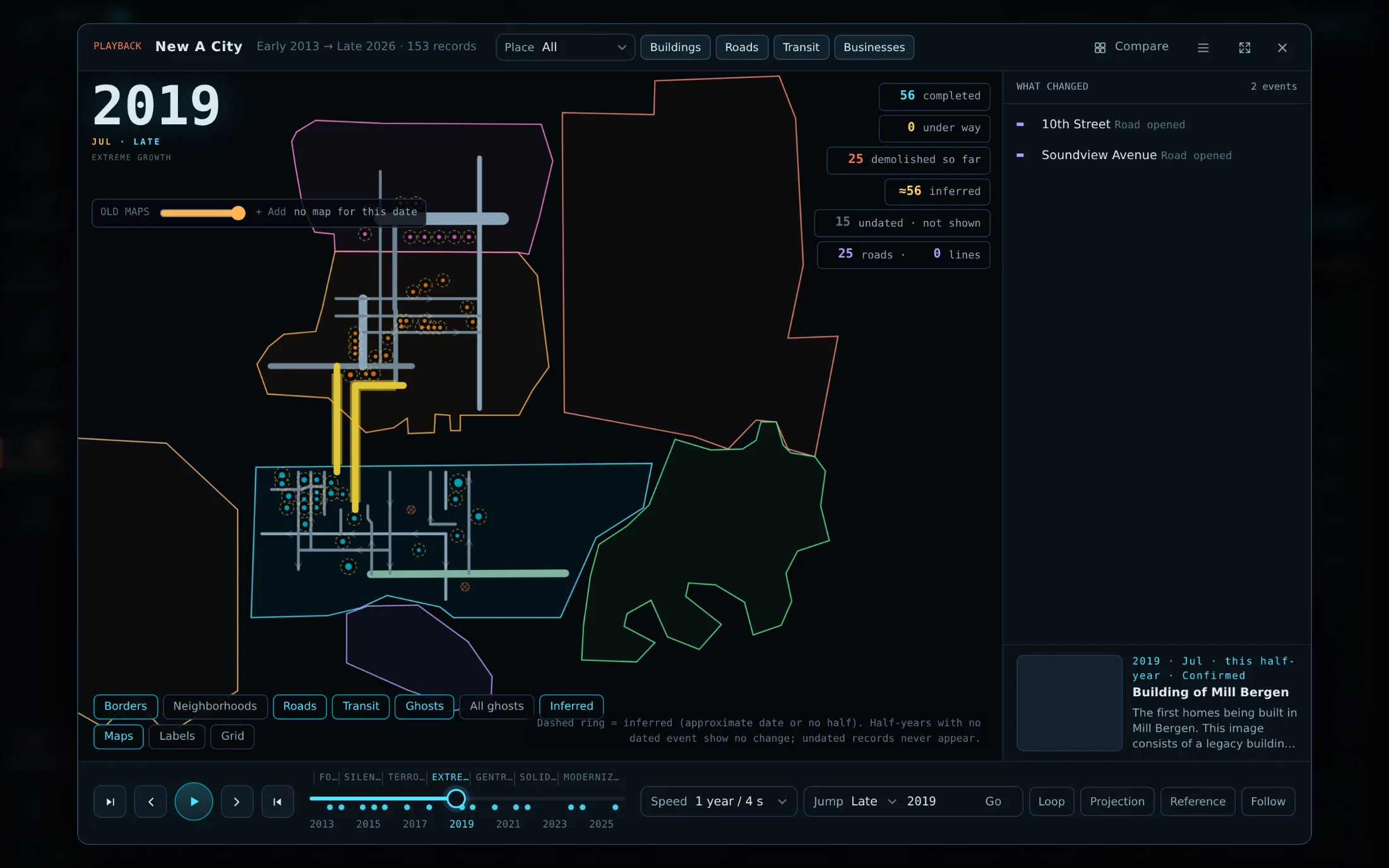 Playback of New A City in Late 2019: the year in large type, counts of completed and demolished buildings, the roads open then, and the chronicle image for that half-year.