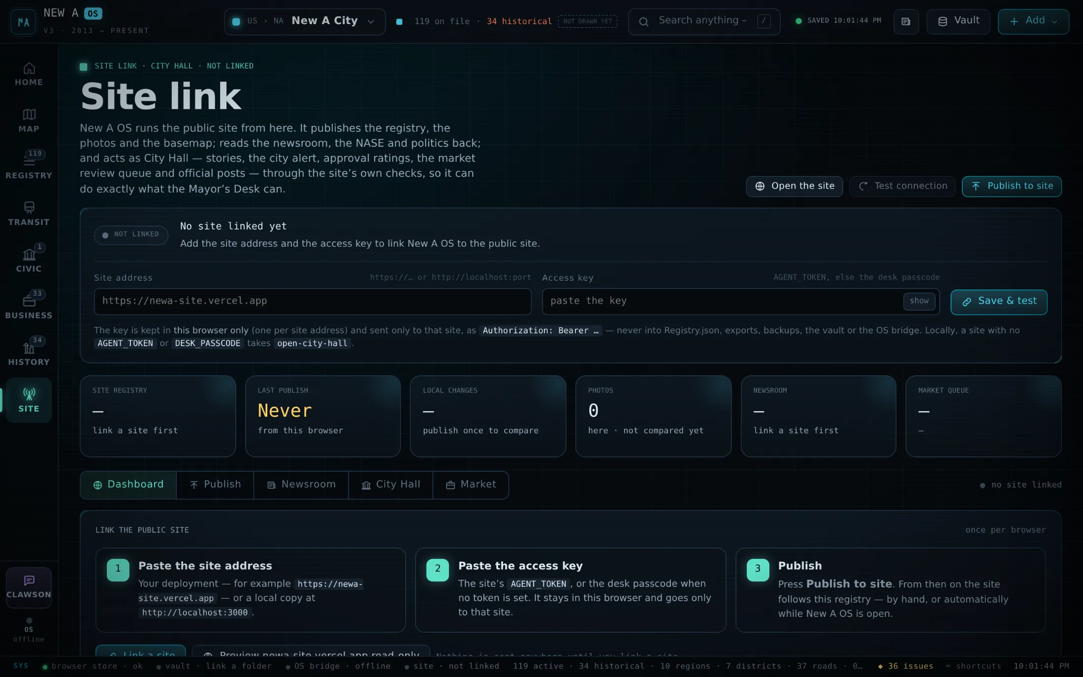 The Site link screen in New A OS: the site address and access key, the publish tiles and the Dashboard, Publish, Newsroom, City Hall and Market tabs.
